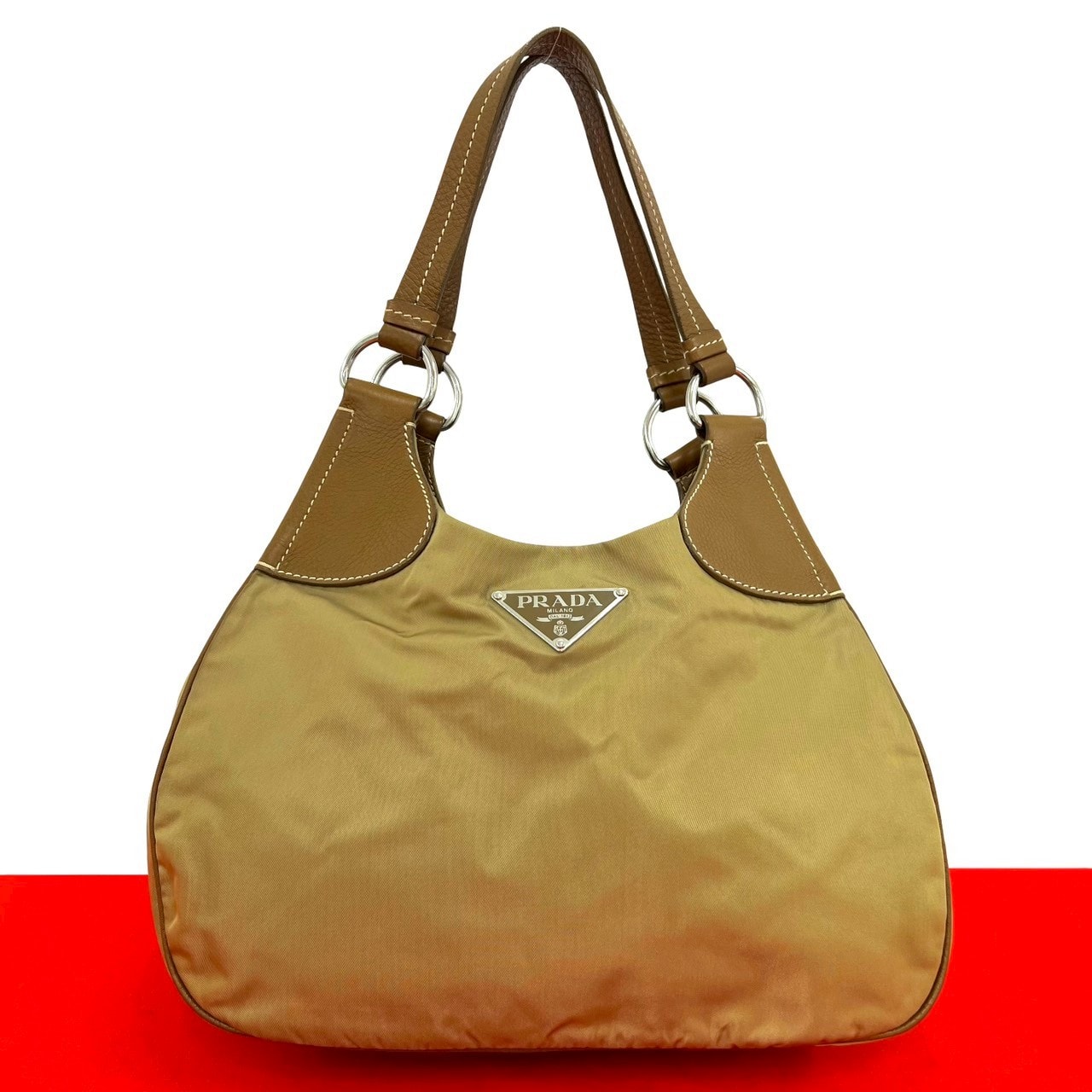 PRADA プラダ 三角ロゴ 金具 ナイロン レザー ショルダーバッグ ベージュ
 11533