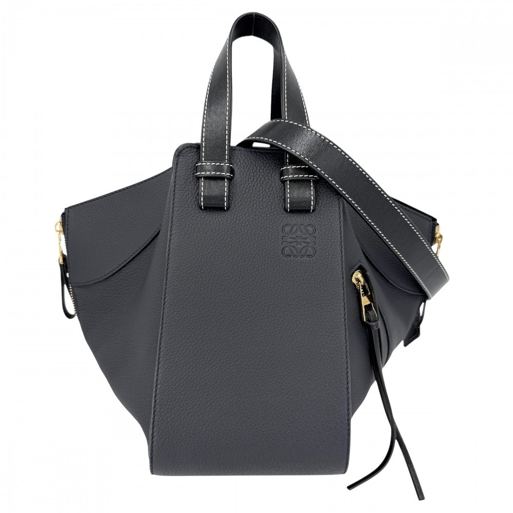 LOEWE ロエベ 2WAY ハンモック ショルダーバッグ ハンドバッグ 肩掛け 斜め掛け トートバッグ レザー カーフ ダークネイビー ブラック 黒 ゴールド金具 レディース 美品【中古品】