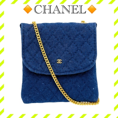美品 シャネル コットン マトラッセ チェーン ミニポーチ ネイビー レディース