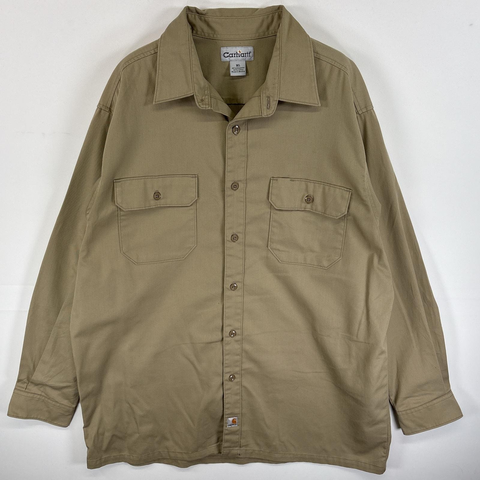 古着 カーハート Carhartt 長袖シャツ ワンポイント ロゴ フラップポケ 大きいサイズ XL  ベージュ 無地 メンズ