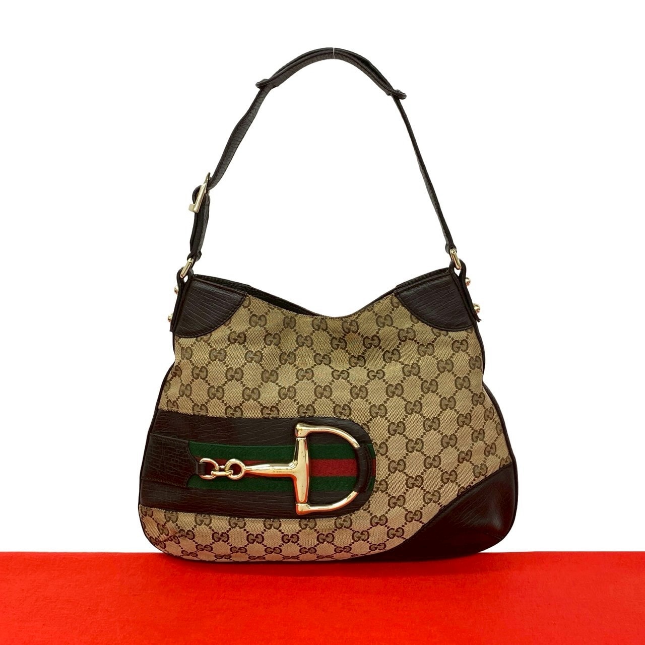 GUCCI グッチ シェリーライン GG ロゴ ホースビット 金具 キャンバス レザー ショルダーバッグ ブラウン
 35554