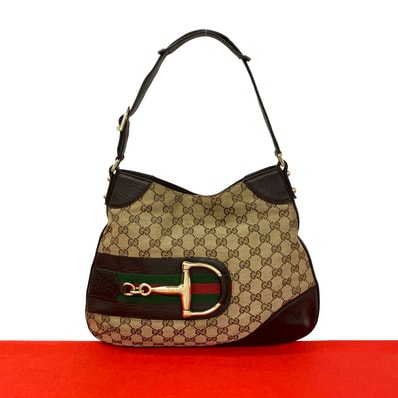 GUCCI グッチ シェリーライン GG ロゴ ホースビット 金具 キャンバス レザー ショルダーバッグ ブラウン
35554