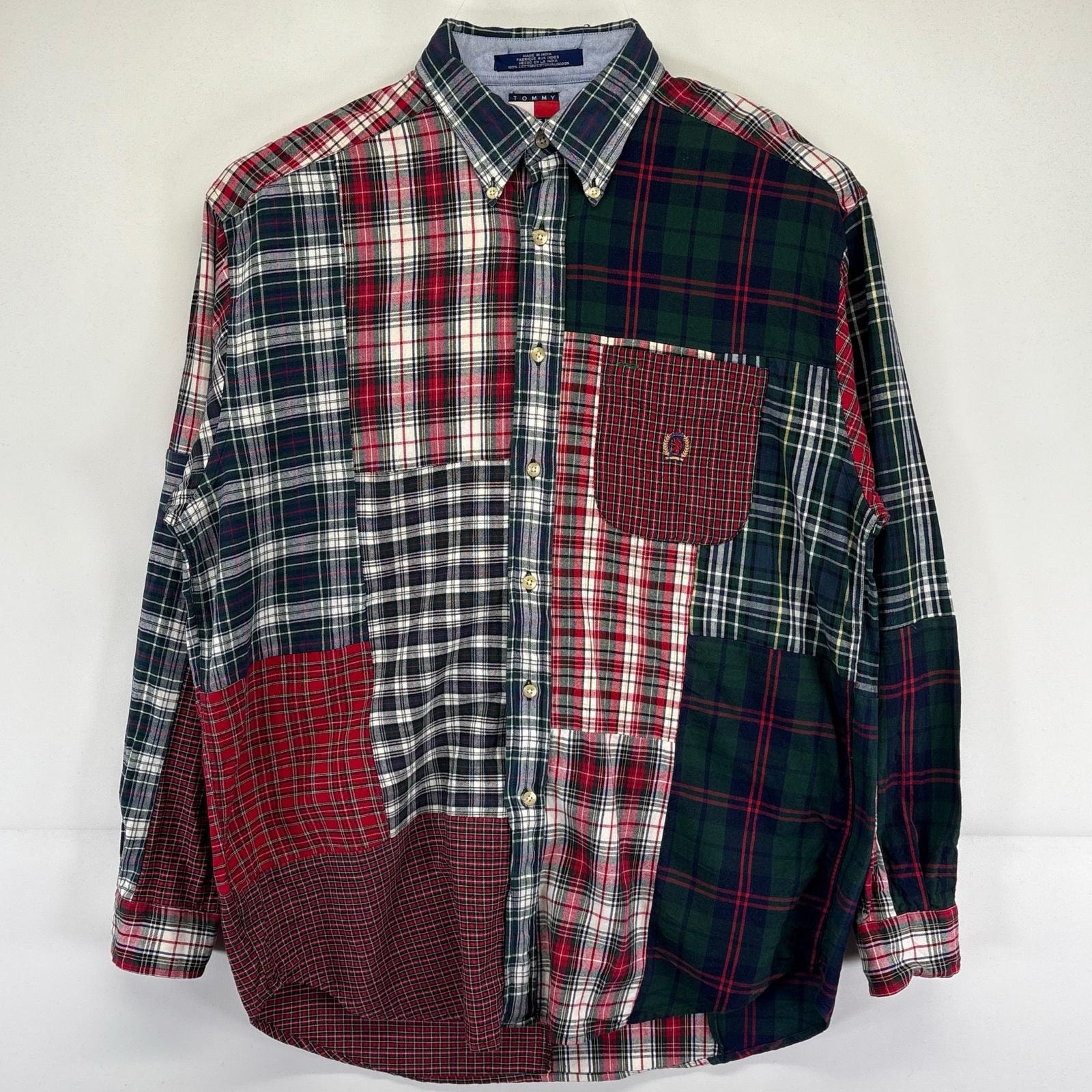 古着 90's/90年代 トミーヒルフィガー TOMMY HILFIGER 長袖シャツ ワンポイントロゴ パッチワーク クレイジーパターン  M マルチカラー メンズ