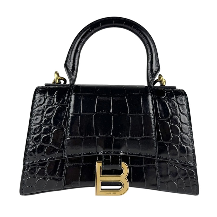 バレンシアガ BALENCIAGA ハンドバッグ ショルダーバッグ アワーグラス XS 型押しレザー ブラック ゴールド レディース【中古】 z8050