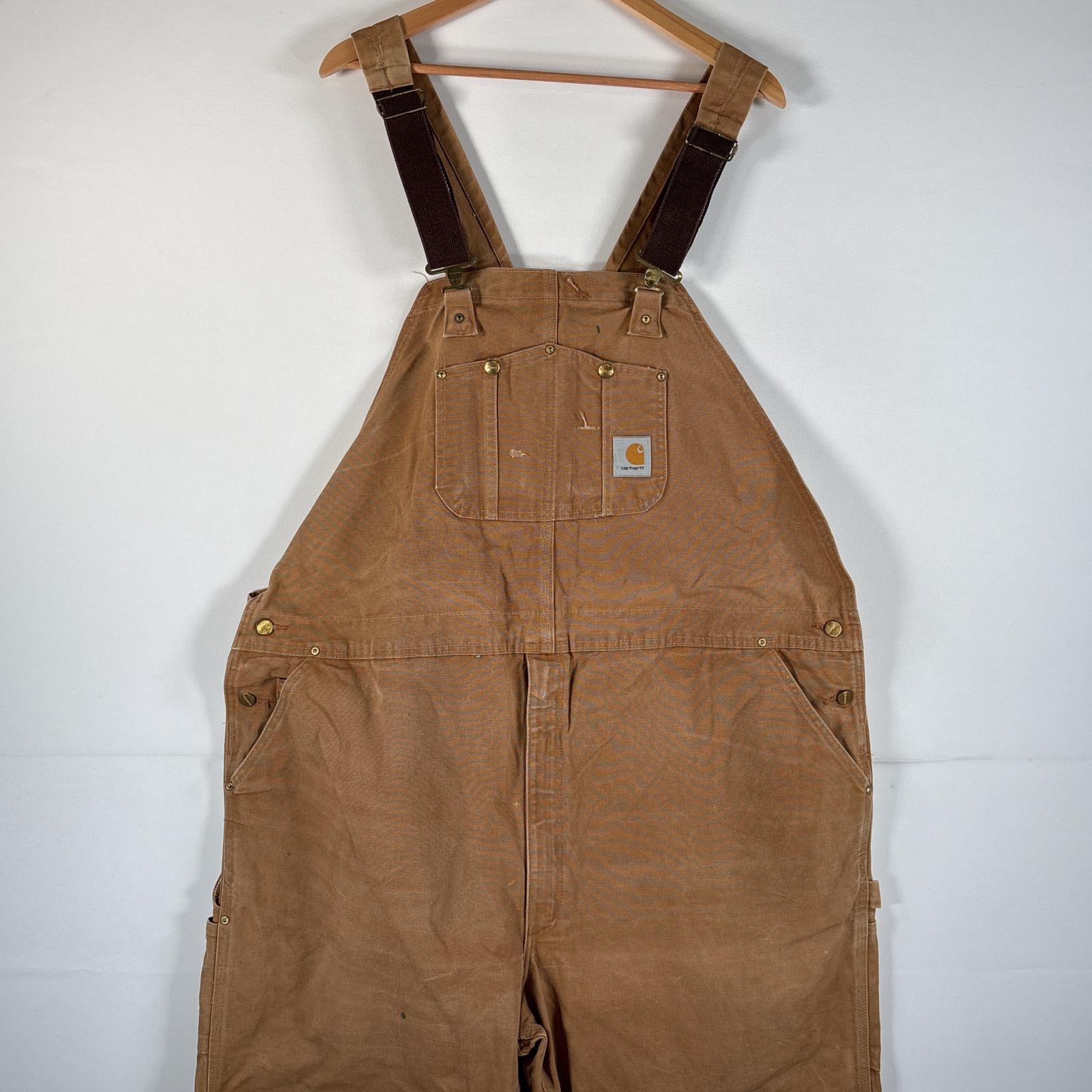 古着 カーハート Carhartt オーバーオール ダック ワンポイントロゴ サイドポケット ダブルニー  大きいサイズ キャメル メンズ