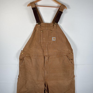 古着 カーハート Carhartt オーバーオール ダック ワンポイントロゴ サイドポケット ダブルニー 大きいサイズ キャメル メンズ
