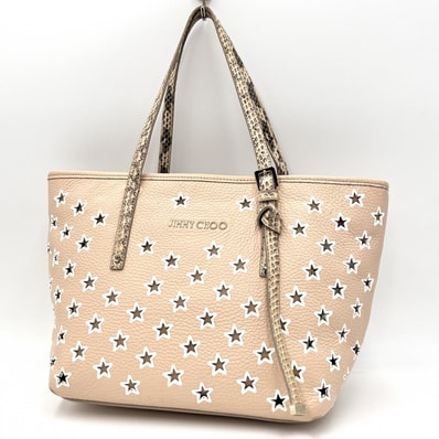 JIMMY CHOO(ジミーチュウ)サシャ ヴィンテージ トートバッグ スタースタッズ パンチング ピンクベージュ レザー レディース 【中古】