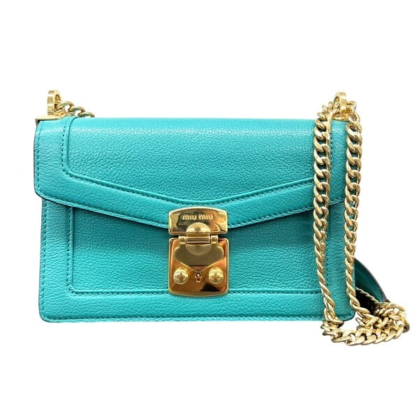 MIUMIU 極美品 ミュウミュウ コンフィデンシャル マドラス MADRAS チェーン ショルダーバッグ 5BD083 レザー グリーン ターコイズ クロスボディ ポシェット パーティーバッグ miumiu Aランク 中古 鑑定済 ミュウミュウバッグ