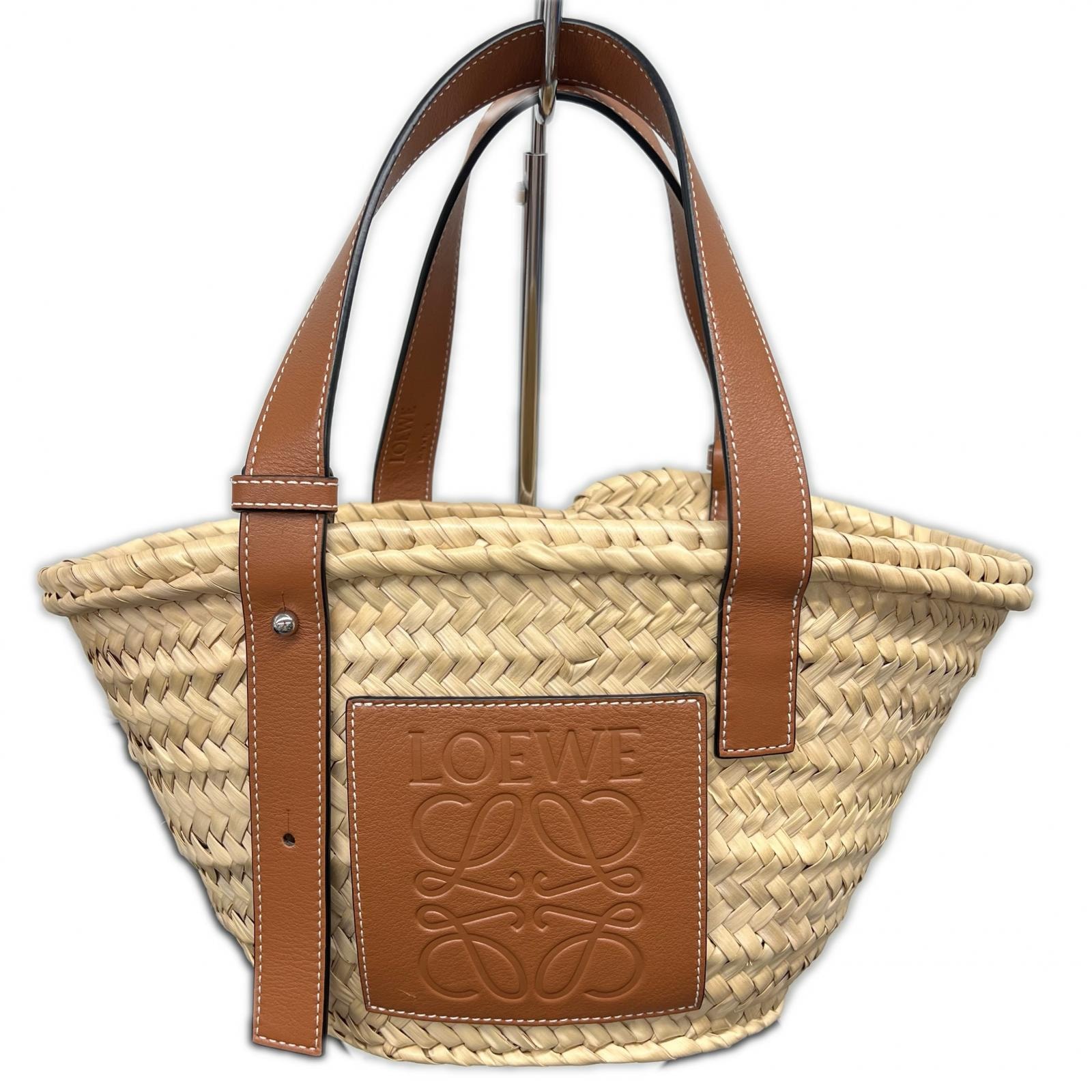 LOEWE 極美品 ロエベ バスケットバッグ スモール トートバッグ 327.02.S93 ラフィア レザー ナチュラル タン ベージュ ハンドバッグ かごバッグ 編み込み 夏物 Aランク 鑑定済 中古 ロエベバッグ