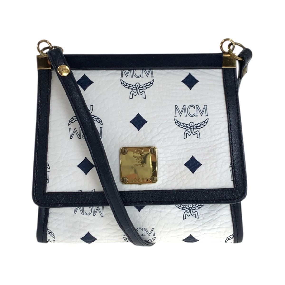 美品 MCM エム シー エム ヴィセトス ホワイト ネイビー ゴールド金具 レザー ショルダーバッグ ポシェット 600635 【中古】