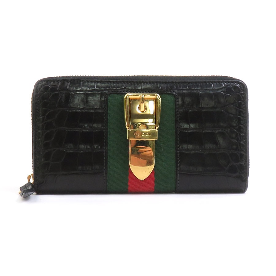 グッチ GUCCI ラウンドファスナー長財布 型押しレザー ブラック メンズ 476083【中古】 h31392a