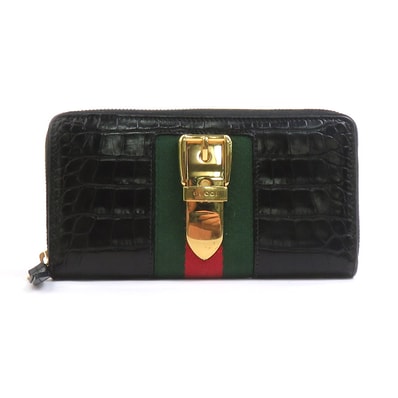 グッチ GUCCI ラウンドファスナー長財布 型押しレザー ブラック メンズ 476083【中古】 h31392a