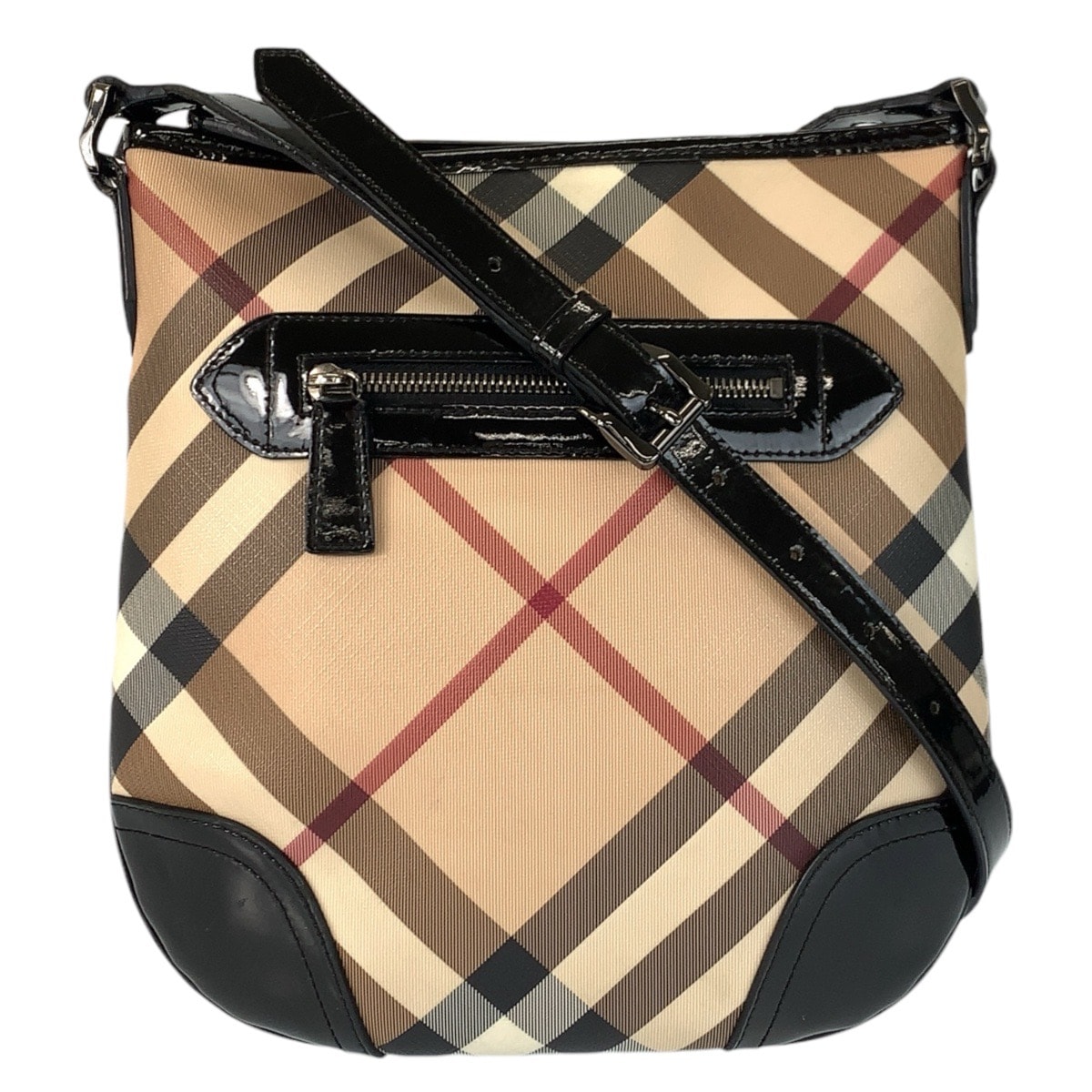BURBERRY バーバリー チェック柄 ベージュ ブラック ガンメタ金具 PVC パテントレザー/ ショルダーバッグ メッセンジャーバッグ 601030 【中古】