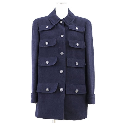【新品同様】CHANEL シャネル ジャケット レディース サイズ 42 20C P62626 コットンツイード COCOマークボタン 8ポケット コート アウター 共生地・ボタン付属 ネイビー 紺 フランス製 ヴィルジニー・ヴィアール期