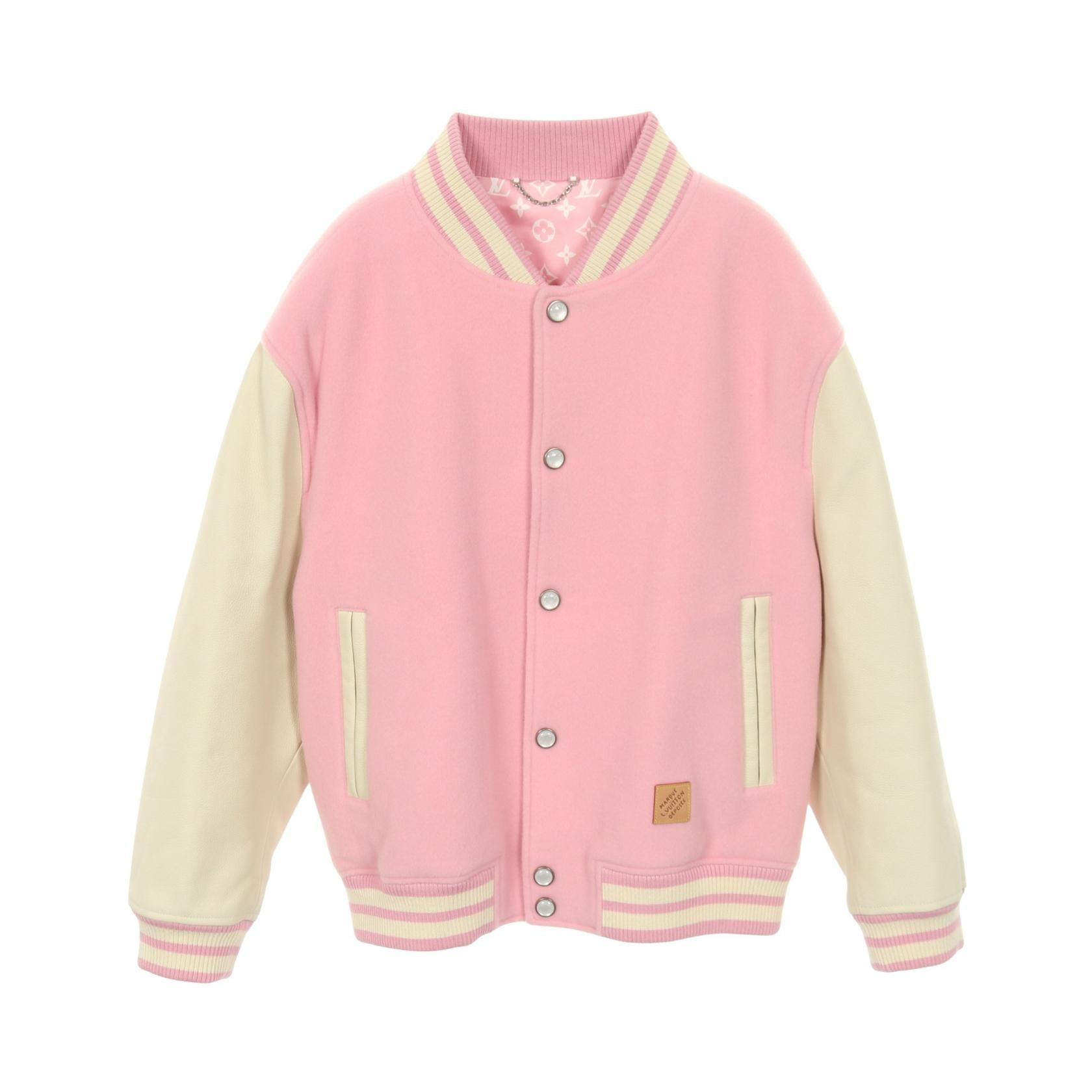 ルイ・ヴィトン LOUIS VUITTON シグネチャーレザー バーシティジャケット スタジャン 衣料品 アウター ウール カシミヤ レザー ピンク メンズ ピンク系 / ホワイト系 【中古】