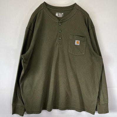 古着 カーハート Carhartt 長袖Tシャツ ハーフボタン 大きいサイズ ワンポイントロゴ 2XL オリーブグリーン系 メンズ