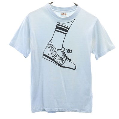 Hanes ヘインズ 80s USA製 ヴィンテージ オレンジタグ プリント 半袖 Tシャツ S ブルー