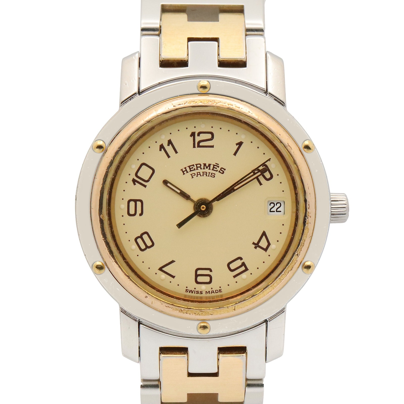 エルメス HERMES クリッパー 腕時計 時計 GP(ゴールドメッキ) ステンレススチール レディース アイボリー系 CL3.240 【中古】