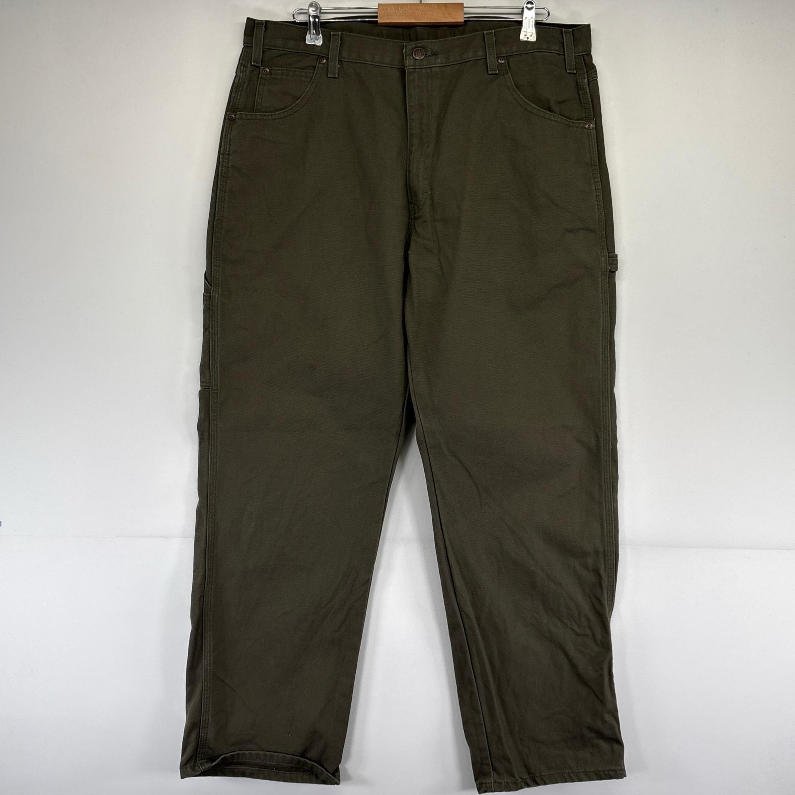 古着 ディッキーズ Dickies ダック パンツ ワークパンツ ペインターパンツ ワンポイントロゴ w38×L30  グリーン系 メンズ