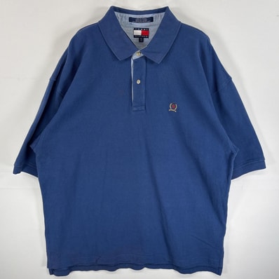 古着 90's/90年代 トミーヒルフィガー TOMMY HILFIGER 半袖 ポロシャツ ワンポイント ロゴ 刺繍 大きいサイズ フラッグタグ 14041 ブルー 無地 メンズ