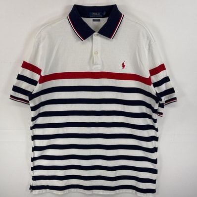 古着 ポロ・ラルフローレン POLO RALPH LAUREN ポロシャツ ワンポイント ロゴ 刺繍 2ボタン マルチボーダー L ホワイト系 マルチカラー メンズ