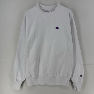 古着 チャンピオン Champion スウェット ワンポイント リバースウィーブ ロゴ クルーネック トレーナー M ホワイト メンズ