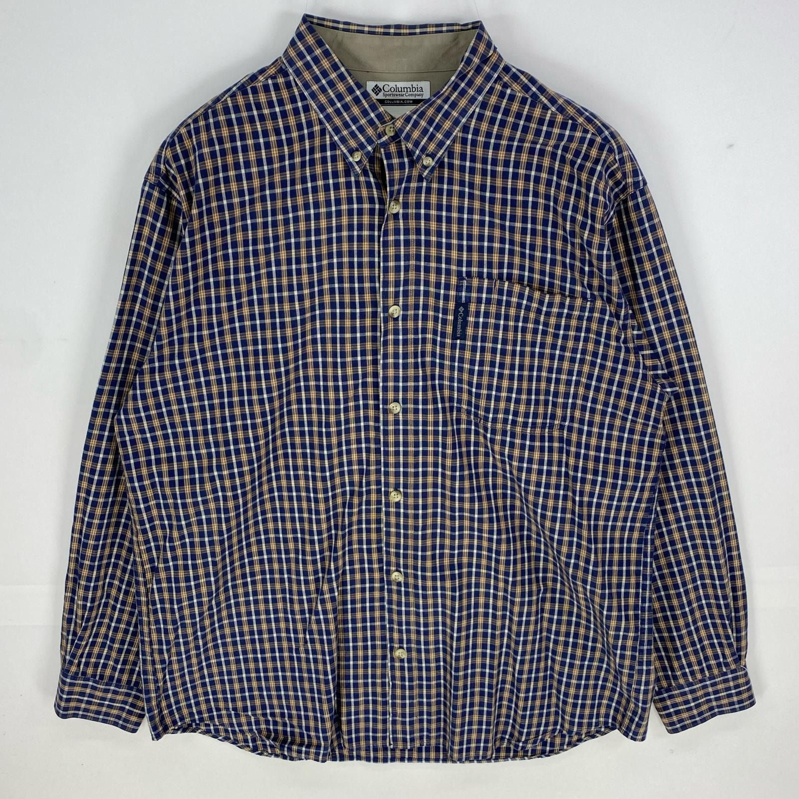 古着 コロンビア Columbia 長袖シャツ ボタンダウン アウトドア ロングスリーブ L ネイビー系 チェック メンズ