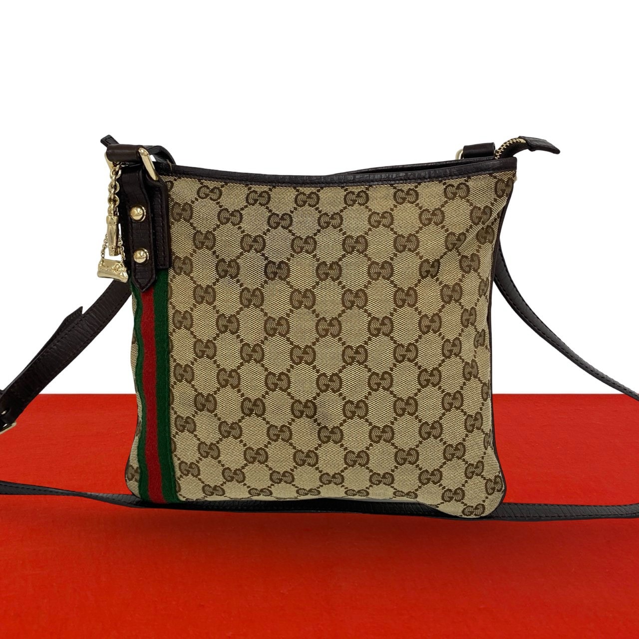 GUCCI グッチ シェリーライン GG 柄 ロゴ キャンバス レザー ショルダーバッグ ブラウン
54353