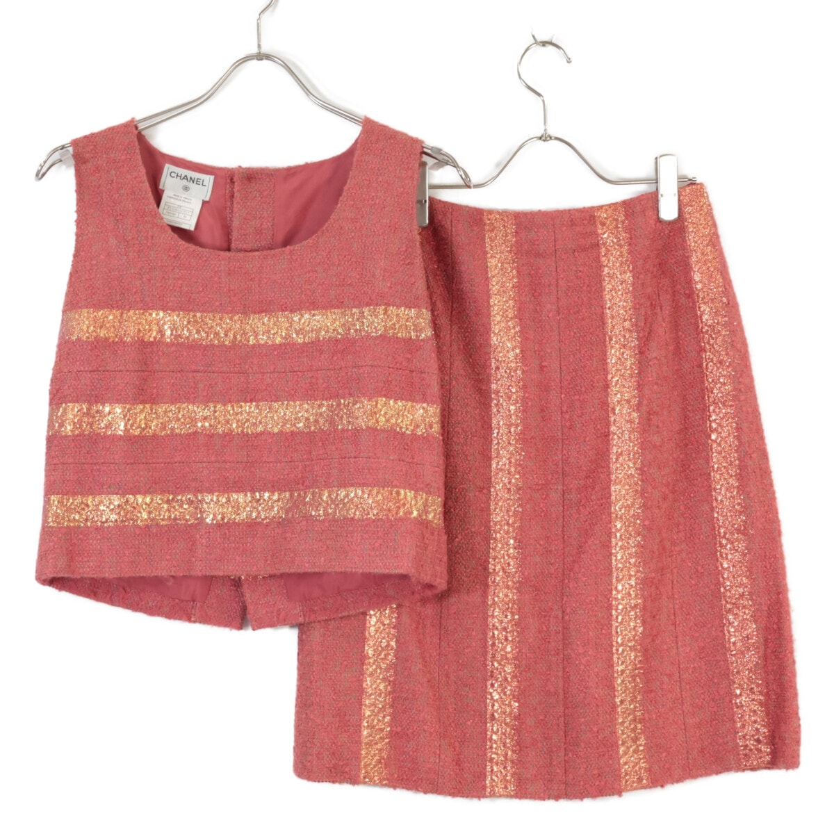 シャネル 【美品/国内正規】99P P13196V07517 ストライプ シルク混 ノースリーブトップス/スカート ツイード 38