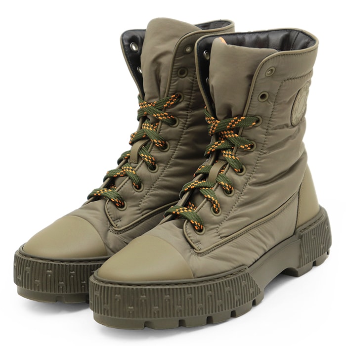 【新品同様】HERMES エルメス ショートブーツ サイズ 37 レディース FRESH フレッシュ クルードセル ロゴ パッチ パラシュート ファブリック カーフスキン 軽量 シューズ 靴 箱付属 カーキ イタリア製