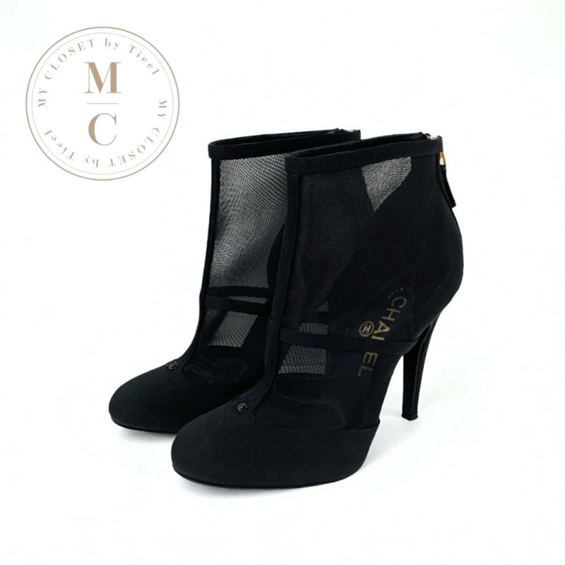 シャネル CHANEL ブーツ ショートブーツ 靴 シューズ メッシュ ファブリック ブラック 黒 ココマーク