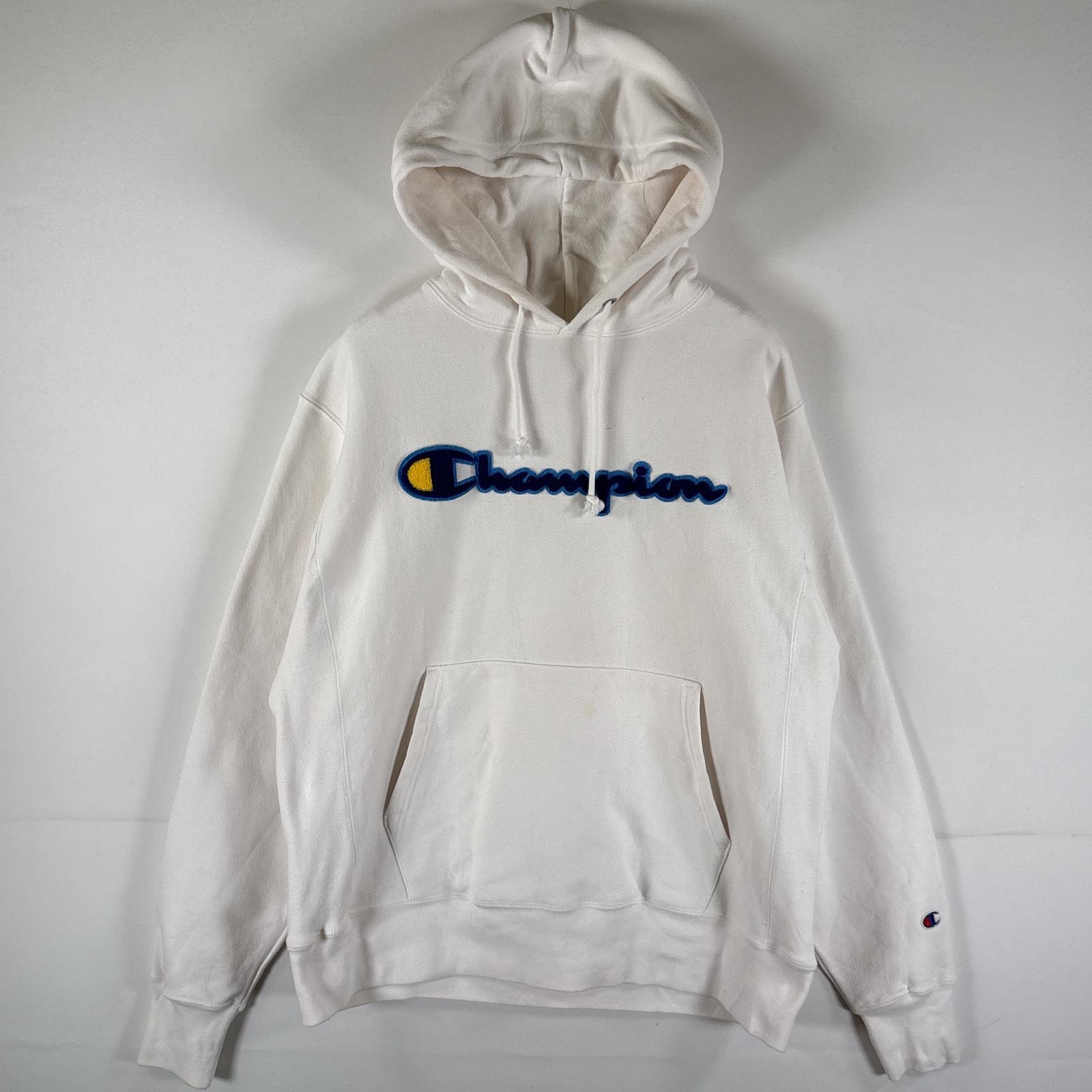 古着 チャンピオン Champion パーカー リバースウィーブ フーディ プルオーバー  スウェット ビッグロゴワッペン MEDIUM  ホワイト メンズ