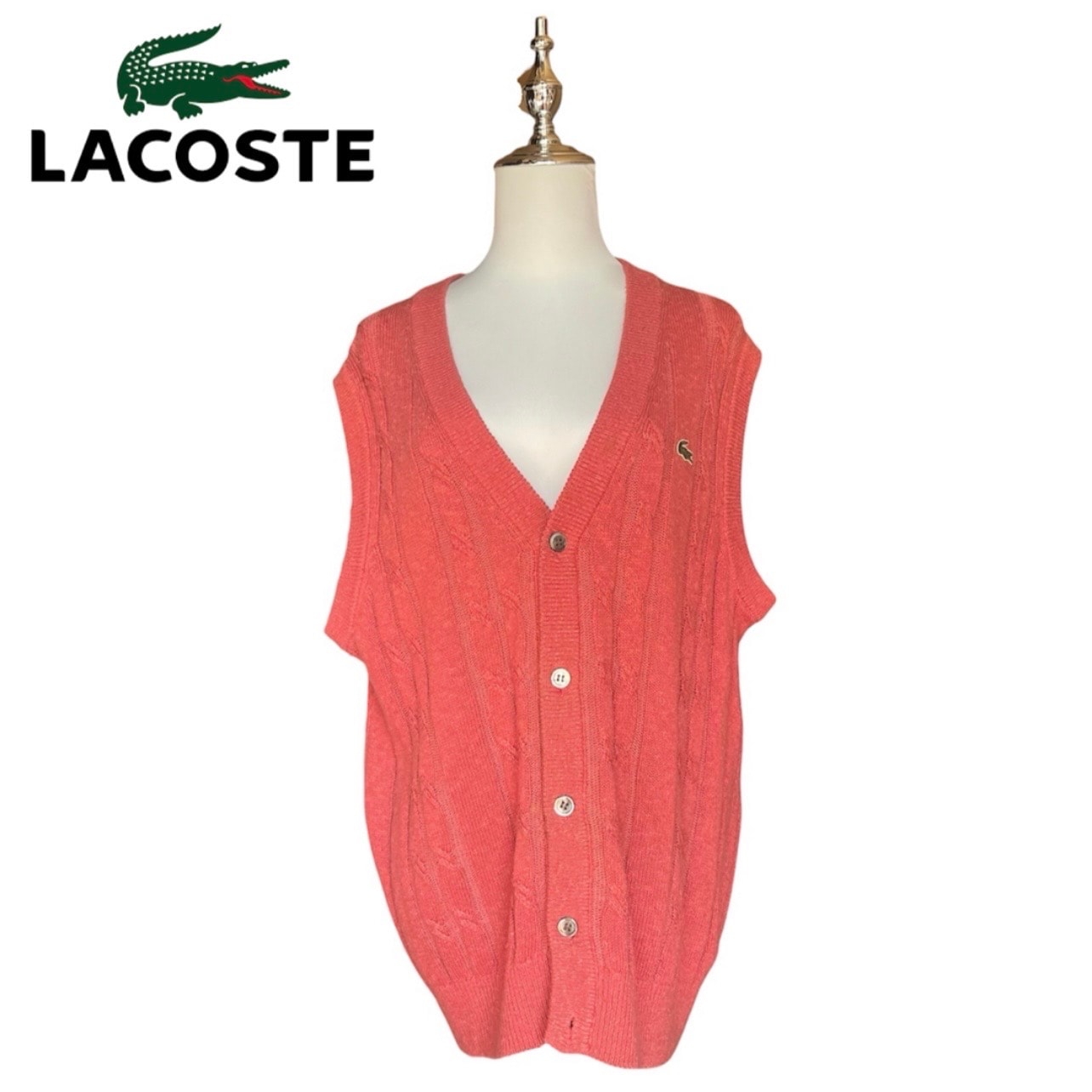 LACOSTE ラコステ ケーブルニットベスト オレンジ 赤 L 麻 リネン混