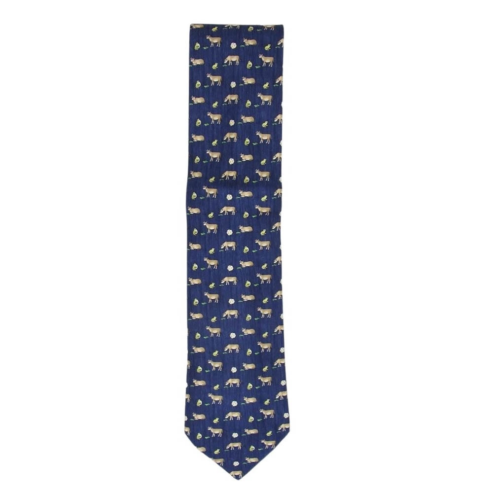 HERMES エルメス ネクタイ アニマル柄 ネクタイ シルク フランス製 総柄 ネイビー系【美品】【中古】