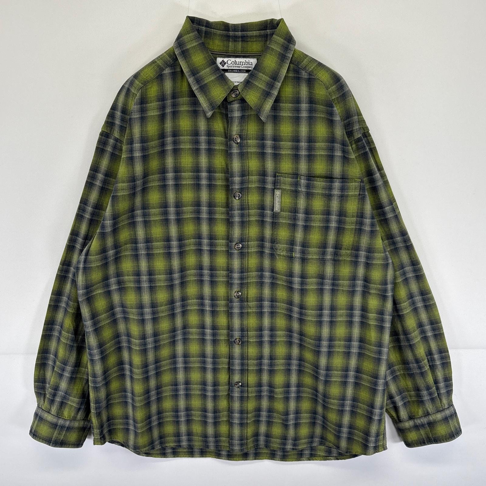 古着 コロンビア Columbia 長袖シャツ オンブレ チェック柄 アウトドア 胸ポケット ワンポイントロゴ M  グリーン メンズ