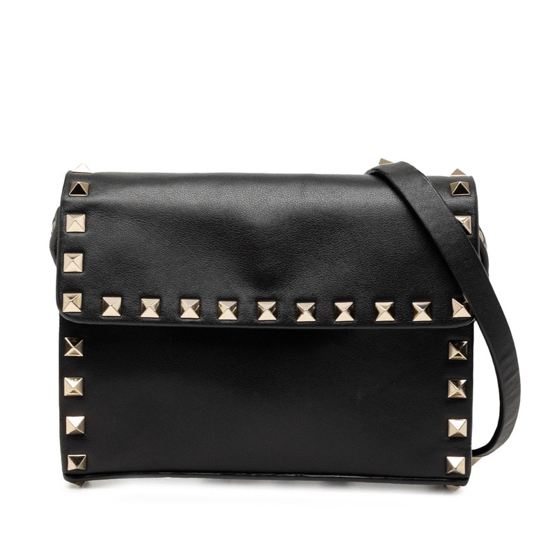 ヴァレンチノ ガラヴァーニ ロックスタッズ 斜め掛け ショルダーバッグ ブラック レザー メタル レディース Valentino 【中古】