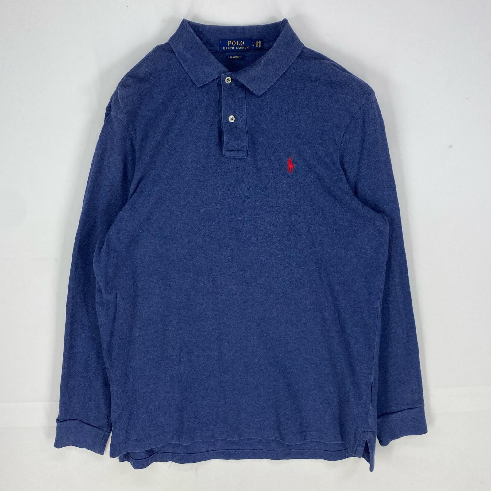 古着 ポロ・ラルフローレン POLO RALPH LAUREN 鹿の子 長袖シャツ ワンポイント ロゴ刺繍 ポロシャツ L ネイビー系 メンズ