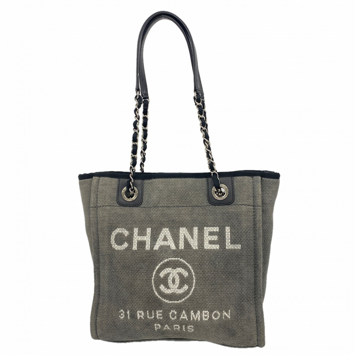 【6db1859-k】シャネル チェーントート ドーヴィル キャンバス グレー シルバー金具【中古】レディース