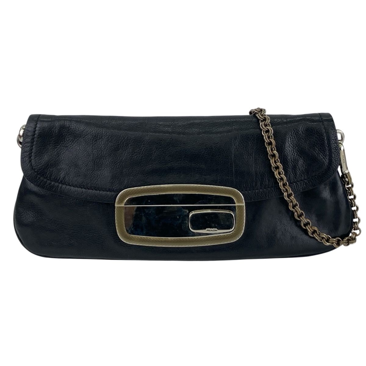 PRADA プラダ CALF MIRROR フラップ チェーンショルダー クラッチバッグ ショルダーバッグ BR2661 レザー ブラック シルバー  レディース【中古】