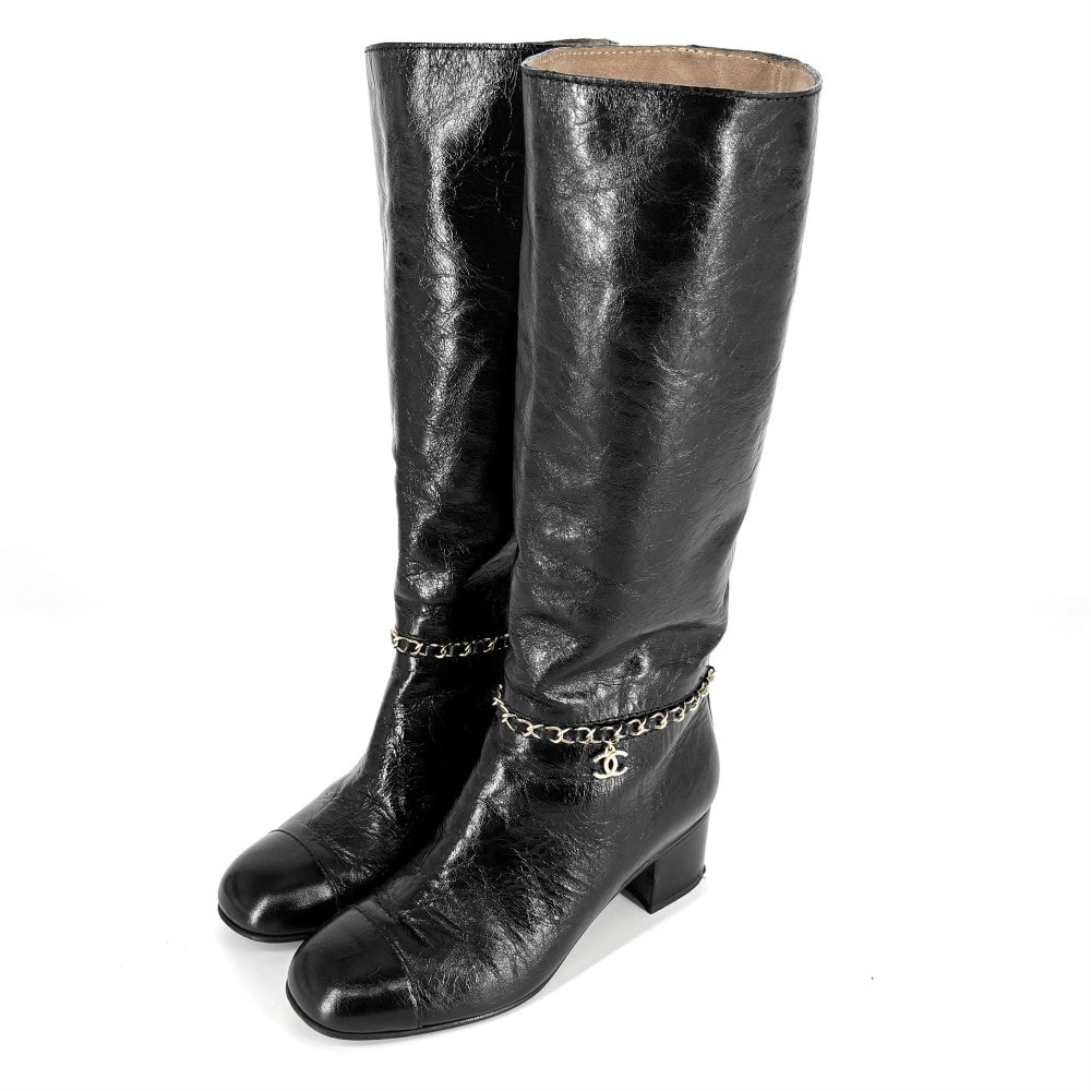CHANEL シャネル ブーツ ココマーク ロングブーツ チェーンデザイン シューズ 靴 36サイズ 約23cm レザー    ブラック 黒 ゴールド金具 レディース【中古品】