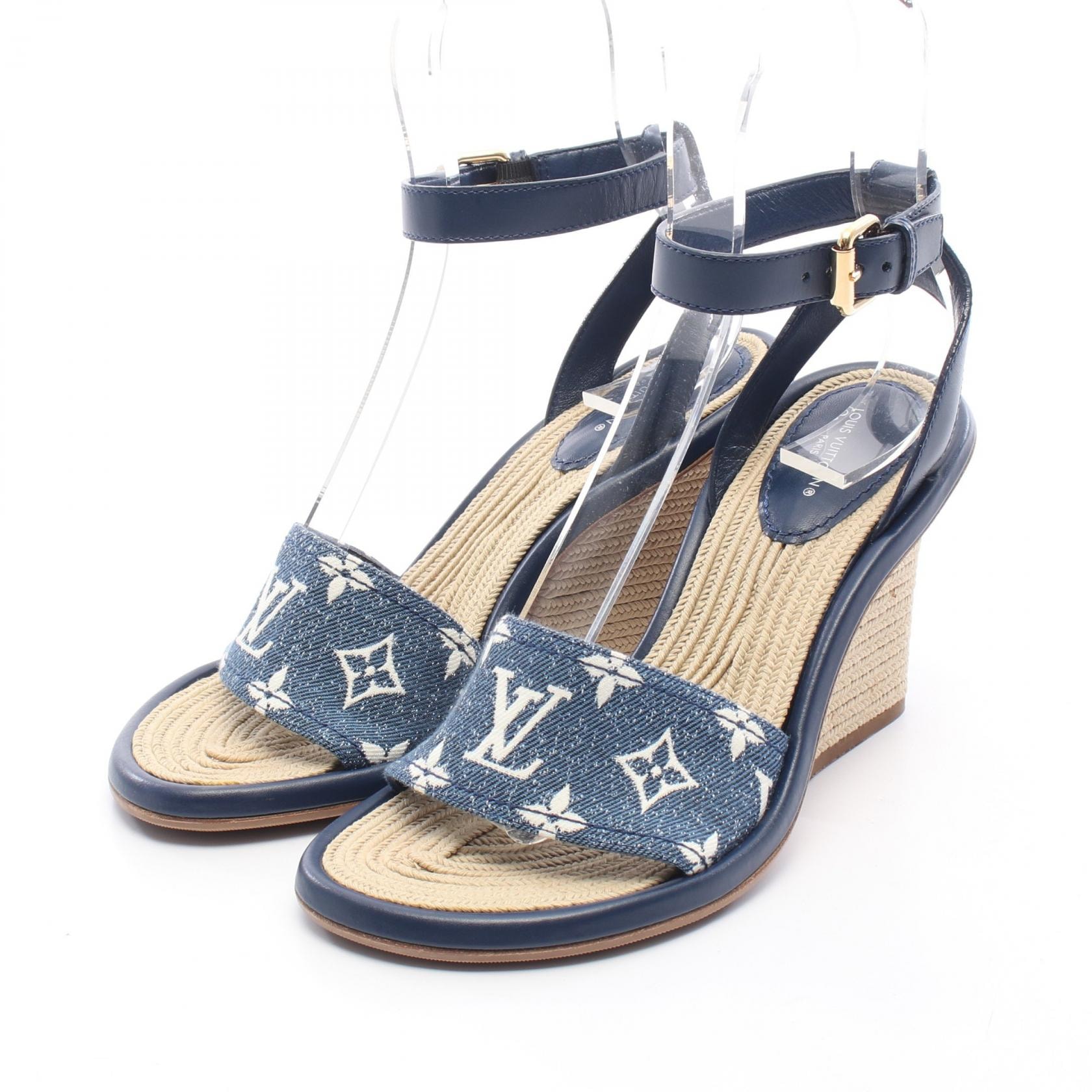 ルイ・ヴィトン LOUIS VUITTON マイアライン モノグラムデニム ウェッジソール サンダル 靴 デニム レザー レディース ネイビー系 【中古】