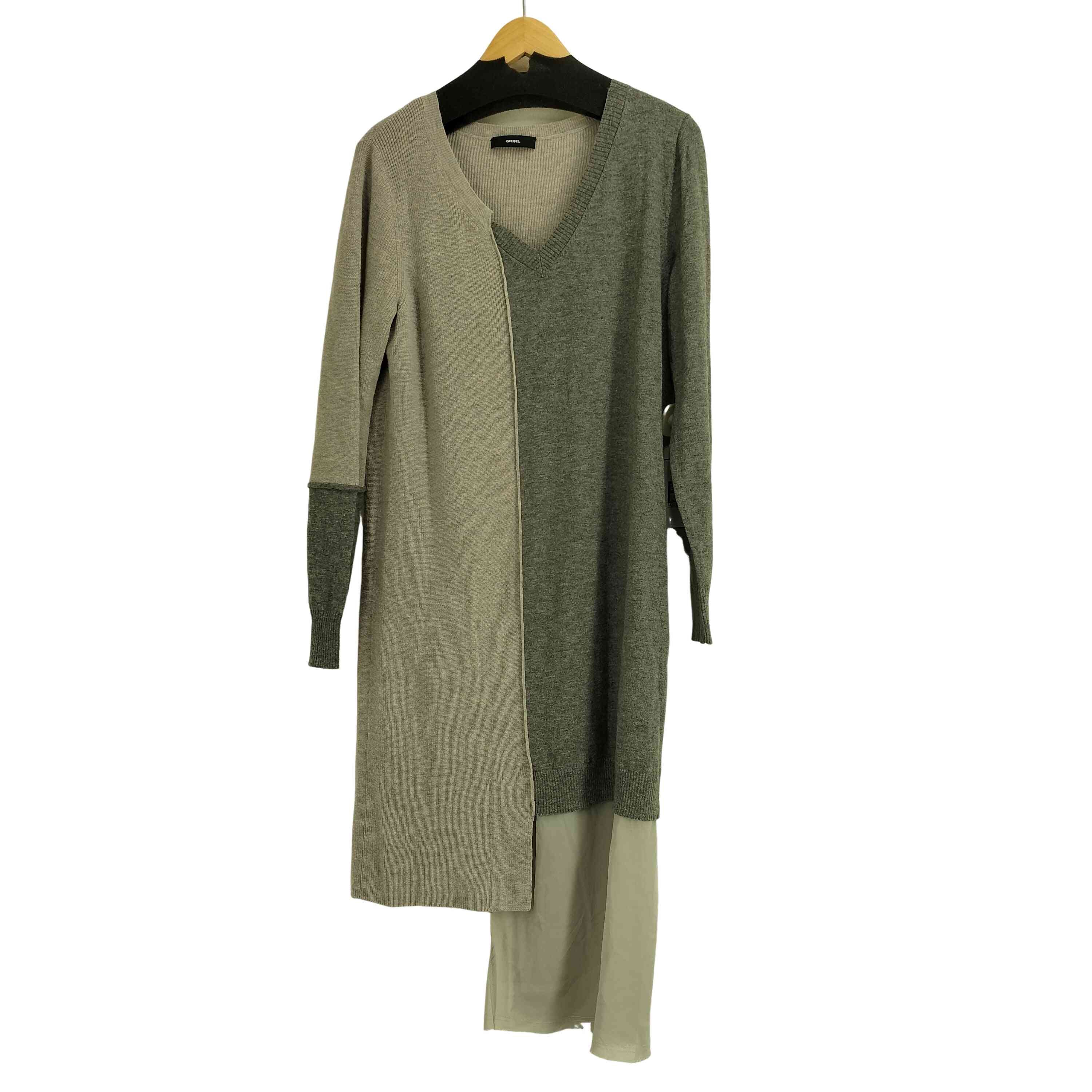 00S ウール混 コットン ドッキング Vネック ニット ワンピース【1139569909307】