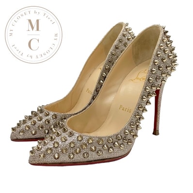 クリスチャンルブタン Christian Louboutin パンプス 靴 シューズ レザー ベージュ ゴールド スパイク スタッズ グリッター