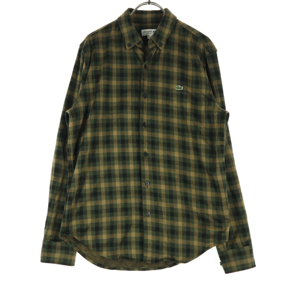 美品 LACOSTE ラコステ ワンポイントロゴ チェック柄 長袖 コットンシャツ SM グリーン