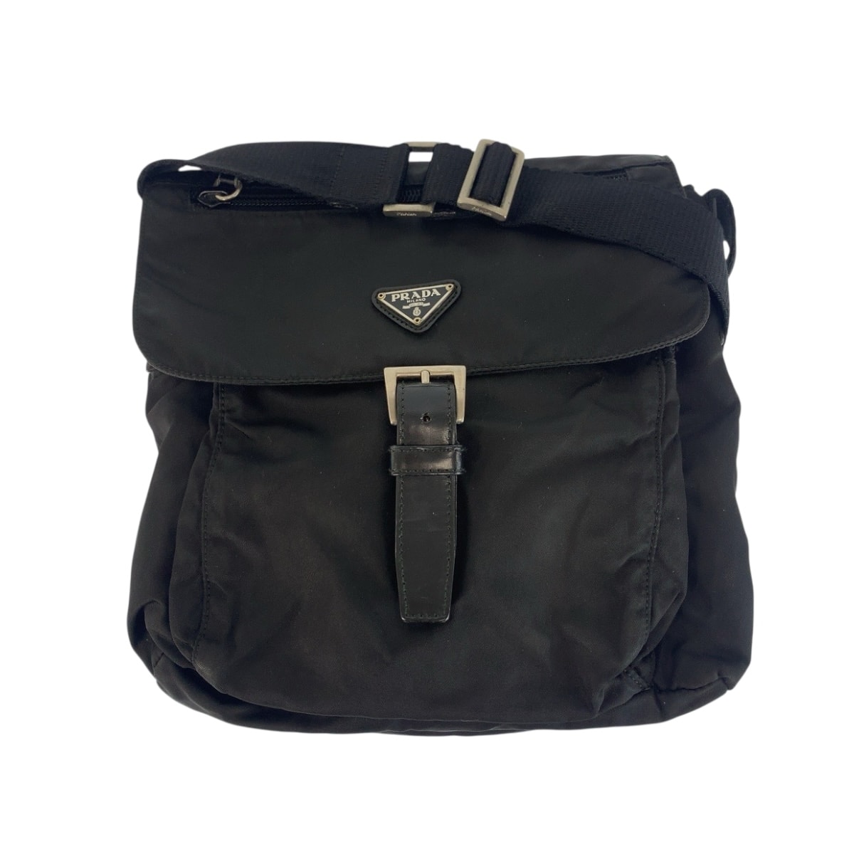 美品 PRADA プラダ テスート 三角ロゴプレート ブラック 黒 シルバー金具 ナイロン レザー/ ショルダーバッグ メッセンジャーバッグ 505905 【中古】