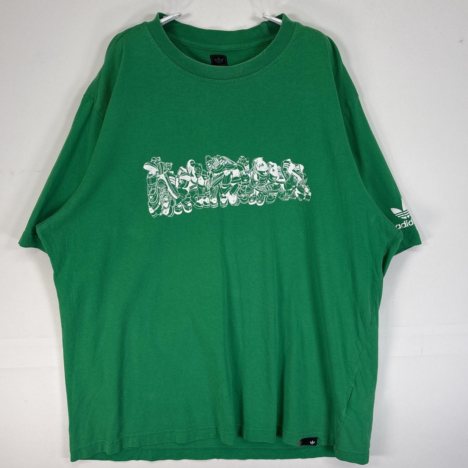 古着 アディダス adidas 半袖Tシャツ ラバープリント スニーカー クルーネック 肉厚 L  グリーン メンズ