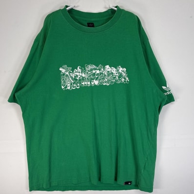 古着 アディダス adidas 半袖Tシャツ ラバープリント スニーカー クルーネック 肉厚 L グリーン メンズ