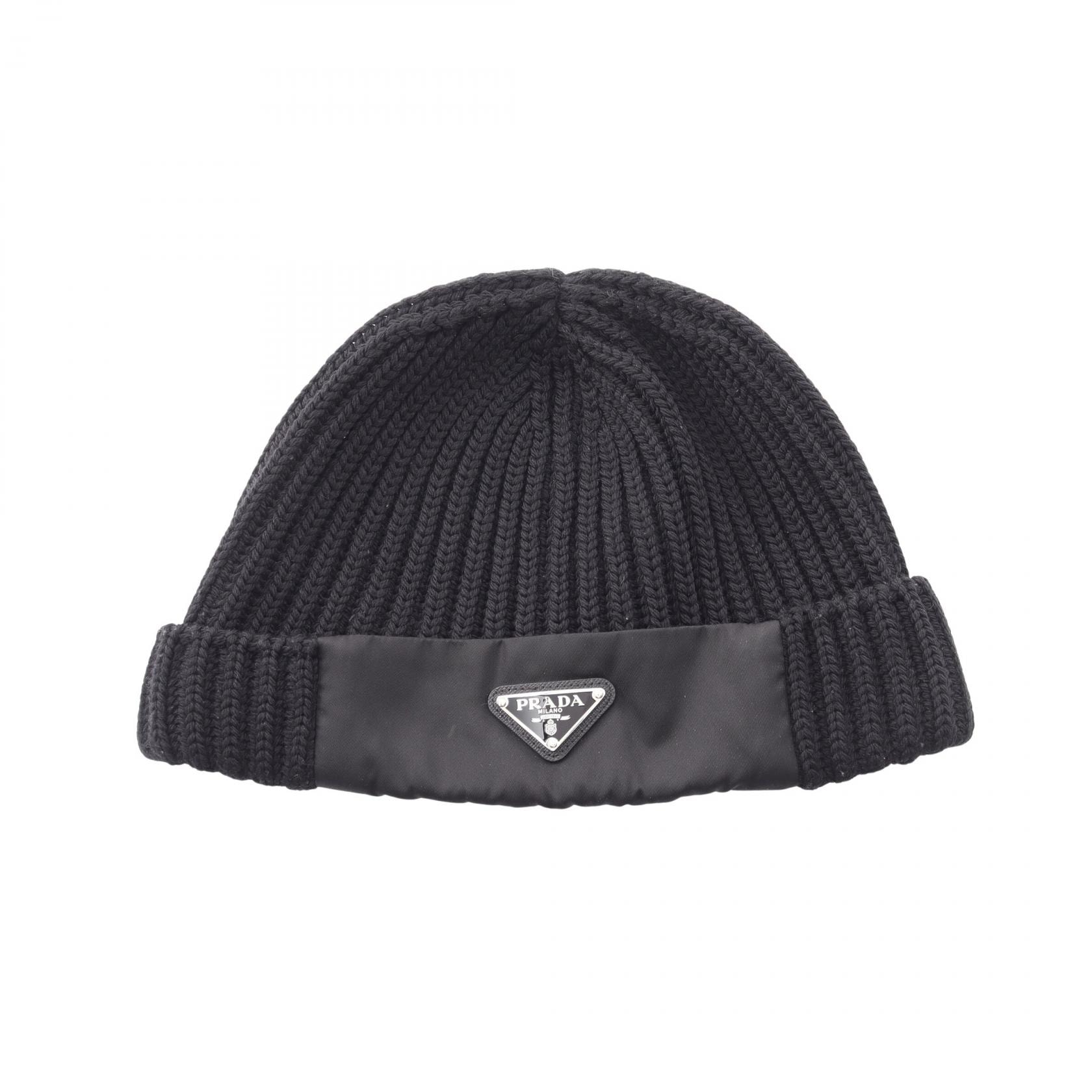 プラダ PRADA Re-Nylon 三角プレート 切替 ニットキャップ ニットキャップ 帽子 ウール ナイロン メンズ レディース ブラック系 2HC427 【中古】