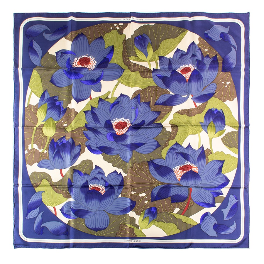 HERMES エルメス スカーフ カレ90 Fleurs de Lotus 蓮の花 シルク ネイビー マルチカラー【中古】