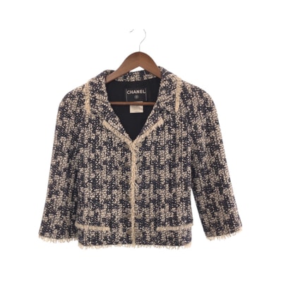 美品 CHANEL シャネル ココマーク サイズ36 ネイビー ホワイト シルバー金具 レーヨン テーラードジャケット ツイードジャケット 600912 【中古】